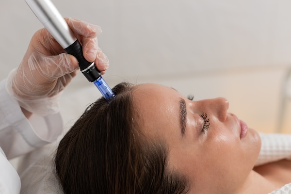 Alopecia. Woman hair loss improve growth treatment regeneration, dermapen microneedling, vitamin injections. Trichologist cosmetologist doctor head scalp procedure fractional microneedle mesotherapy
